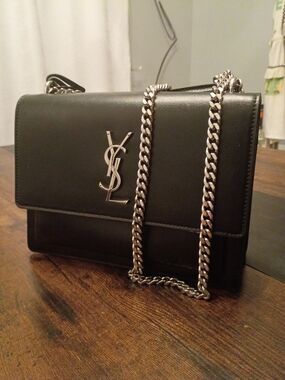 Saint Laurent Black Leather Crossbody Bag with Silver Chain